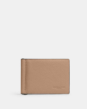 Slim Money Clip Billfold Wallet Pebbled Leather-Black Antique Nickel-Taupe Pebbled Leather-Black Antique Nickel-Taupe