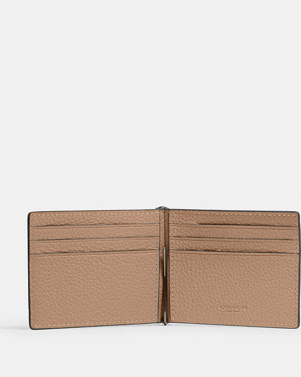 Slim Money Clip Billfold Wallet Pebbled Leather-Black Antique Nickel-Taupe Pebbled Leather-Black Antique Nickel-Taupe