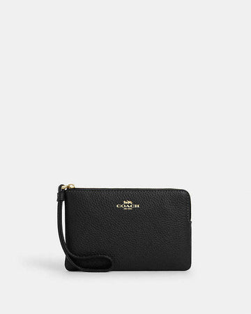 Corner Zip Wristlet Pebbled Leather-Gold-Black Pebbled Leather-Gold-Black