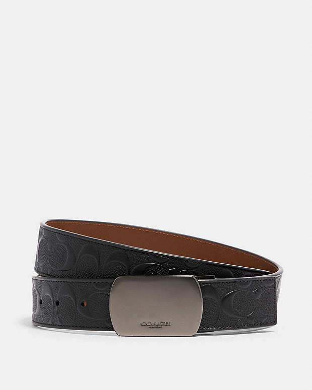 Plaque Buckle Cut To Size Reversible Belt, 38 Mm Smooth Leather-Gunmetal-Black-Dark Saddle Smooth Leather-Gunmetal-Black-Dark Saddle