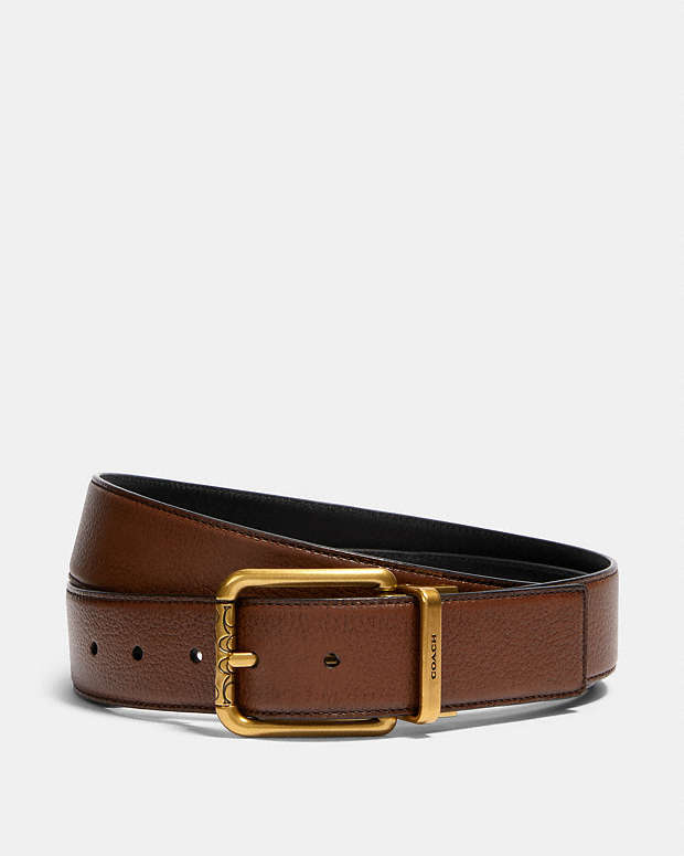 Square Roller Buckle Cut To Size Reversible Belt, 38 Mm Pebbled Leather-Antique Brass-Dark Saddle Black Pebbled Leather-Antique Brass-Dark Saddle Black