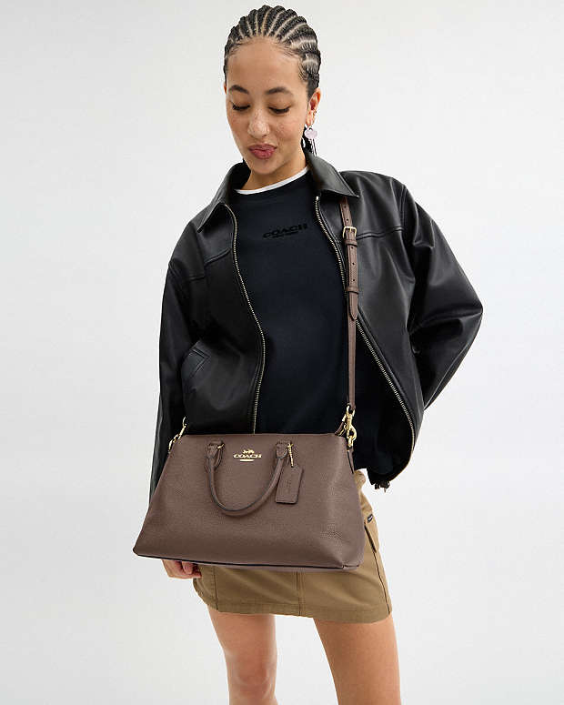 Georgia Satchel Bag Pebbled Leather-Gold-Dark Stone Pebbled Leather-Gold-Dark Stone