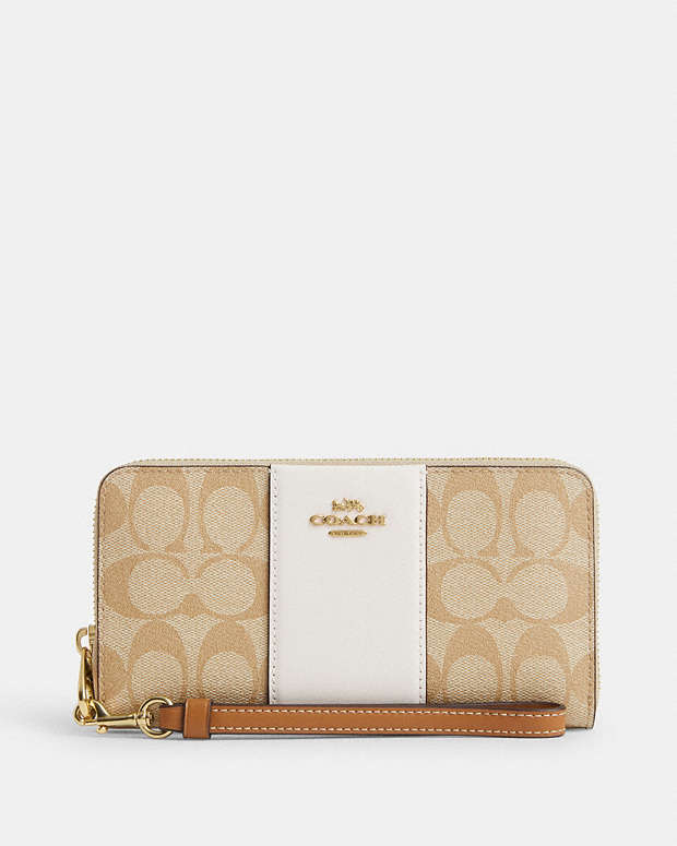 Long Zip Around Wallet In Signature Canvas With Stripe Signature Canvas-Gold-Light Khaki-Chalk Lt Saddle Signature Canvas-Gold-Light Khaki-Chalk Lt Saddle