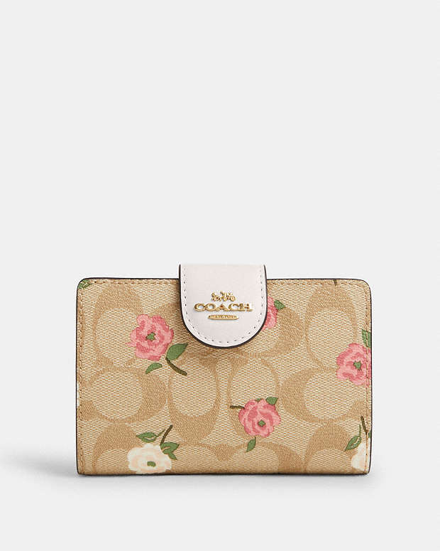 Medium Corner Zip Wallet In Signature Canvas With Floral Print Signature Canvas-Gold-Light Khaki Chalk Multi Signature Canvas-Gold-Light Khaki Chalk Multi