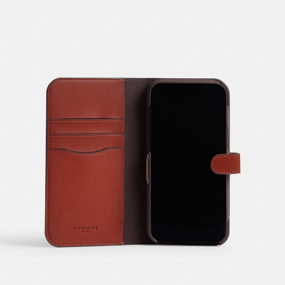 Coach Iphone 15 Folio In Signature Canvas Beige