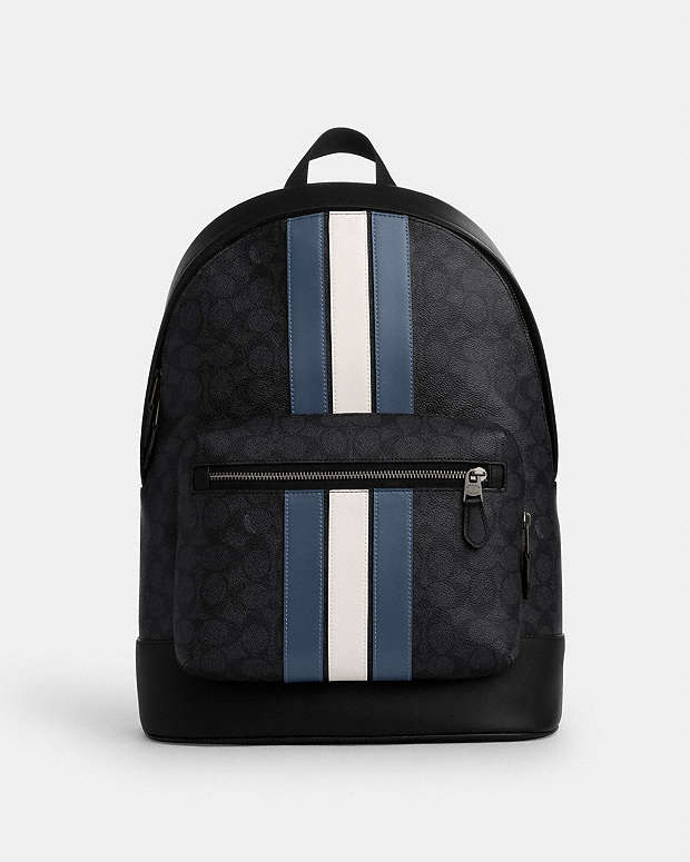 West Backpack In Signature Canvas With Varsity Stripe Signature Canvas-Gunmetal-Charcoal-Denim-Chalk Signature Canvas-Gunmetal-Charcoal-Denim-Chalk