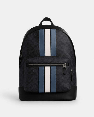 West Backpack In Signature Canvas With Varsity Stripe Signature Canvas-Gunmetal-Charcoal-Denim-Chalk Signature Canvas-Gunmetal-Charcoal-Denim-Chalk