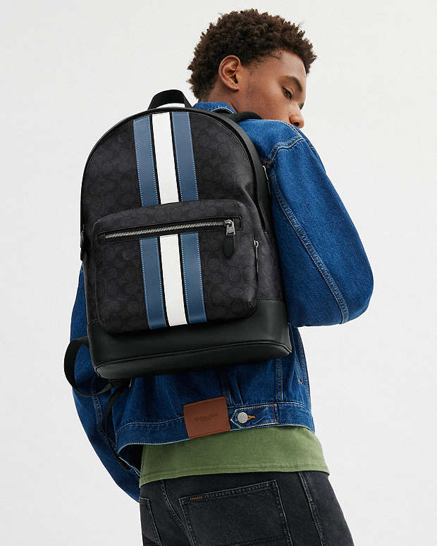 West Backpack In Signature Canvas With Varsity Stripe Signature Canvas-Gunmetal-Charcoal-Denim-Chalk Signature Canvas-Gunmetal-Charcoal-Denim-Chalk
