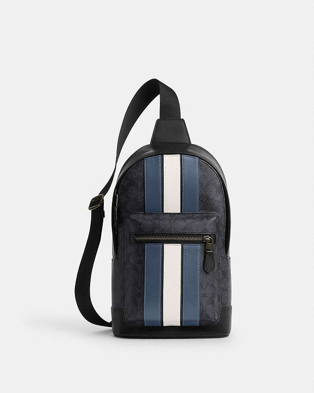 West Pack In Signature Canvas With Varsity Stripe Signature Canvas-Gunmetal-Charcoal-Denim-Chalk Signature Canvas-Gunmetal-Charcoal-Denim-Chalk