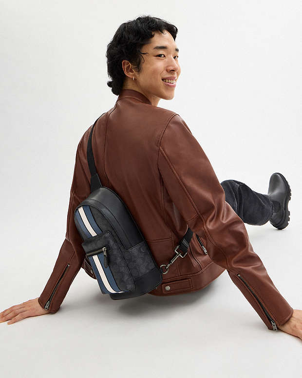 West Pack In Signature Canvas With Varsity Stripe Signature Canvas-Gunmetal-Charcoal-Denim-Chalk Signature Canvas-Gunmetal-Charcoal-Denim-Chalk