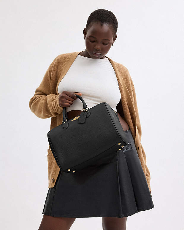 Rowan Large Satchel Bag Pebbled Leather-Gold-Black Pebbled Leather-Gold-Black