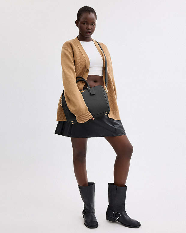 Rowan Large Satchel Bag Pebbled Leather-Gold-Black Pebbled Leather-Gold-Black