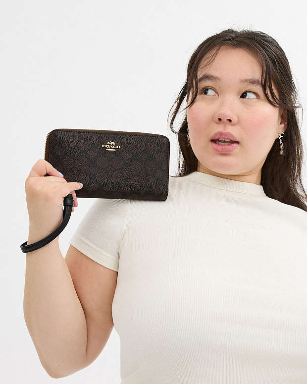 Long Zip Around Wallet In Signature Canvas Signature Canvas-Gold-Walnut-Black Signature Canvas-Gold-Walnut-Black