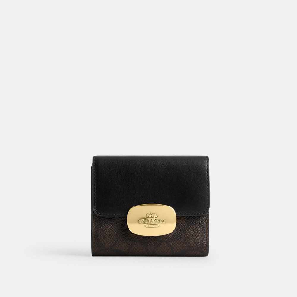 Coach Eliza Small Wallet In Signature Canvas Gold Walnut Black