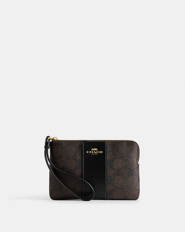 Corner Zip Wristlet In Signature Canvas With Stripe Signature Canvas-Gold-Walnut-Black Signature Canvas-Gold-Walnut-Black