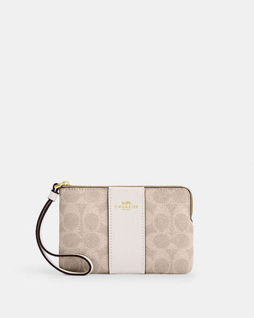 Corner Zip Wristlet In Signature Canvas With Stripe Signature Canvas-Gold-Sand-Chalk Signature Canvas-Gold-Sand-Chalk