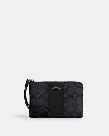 Corner Zip Wristlet In Signature Canvas With Stripe Signature Canvas-Gunmetal-Charcoal-Black Signature Canvas-Gunmetal-Charcoal-Black