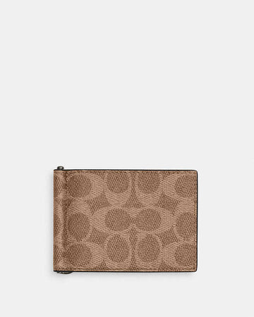 Slim Money Clip Billfold Wallet In Signature Canvas Signature Canvas-Qb-Tan-Black Signature Canvas-Qb-Tan-Black