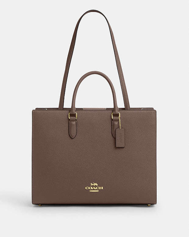 Maggie Tote Bag Pebbled Leather-Gold-Dark Stone Pebbled Leather-Gold-Dark Stone