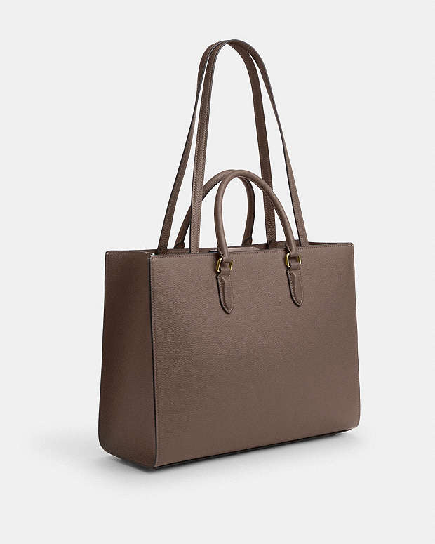 Maggie Tote Bag Pebbled Leather-Gold-Dark Stone Pebbled Leather-Gold-Dark Stone