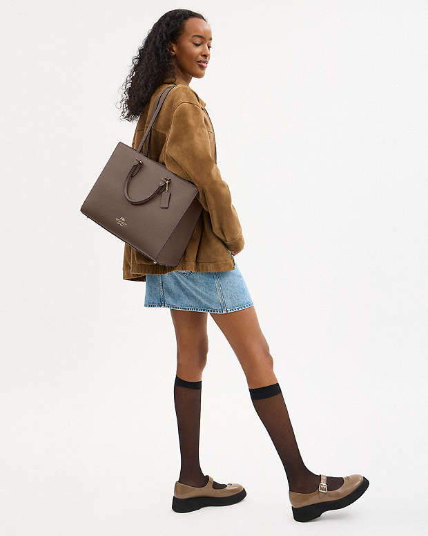 Maggie Tote Bag Pebbled Leather-Gold-Dark Stone Pebbled Leather-Gold-Dark Stone