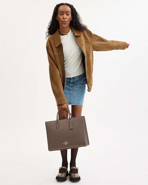 Maggie Tote Bag Pebbled Leather-Gold-Dark Stone Pebbled Leather-Gold-Dark Stone