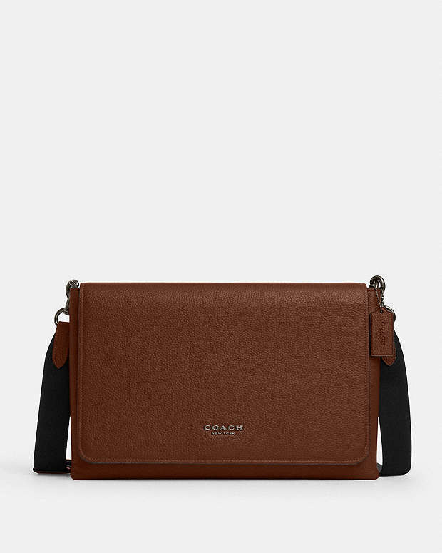 Caleb Messenger Bag Pebbled Leather-Gunmetal-Saddle Pebbled Leather-Gunmetal-Saddle