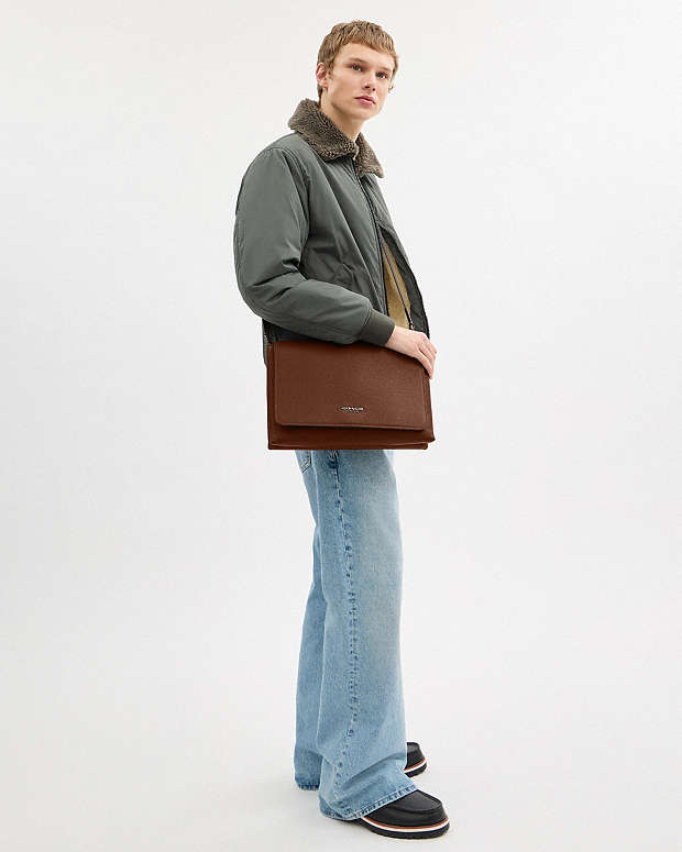 Caleb Messenger Bag Pebbled Leather-Gunmetal-Saddle Pebbled Leather-Gunmetal-Saddle