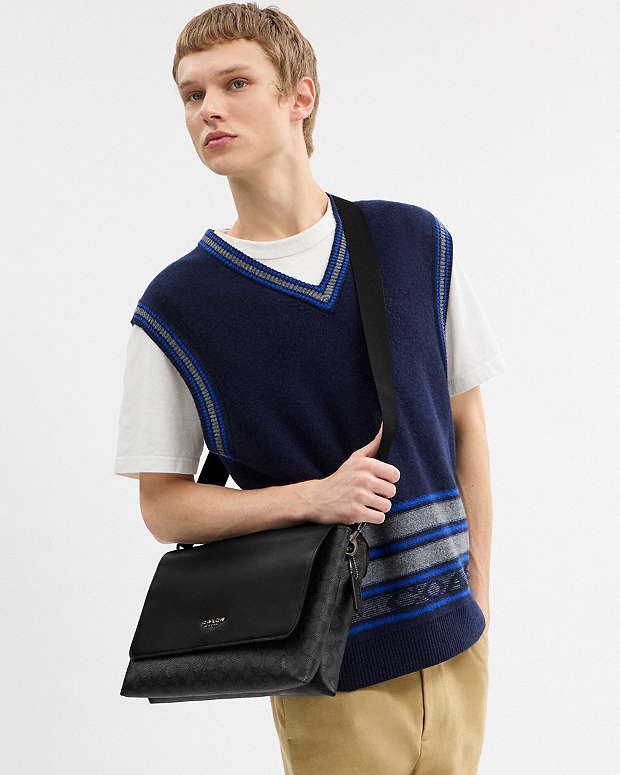 Caleb Messenger Bag In Signature Canvas Signature Canvas-Gunmetal-Charcoal-Black Signature Canvas-Gunmetal-Charcoal-Black