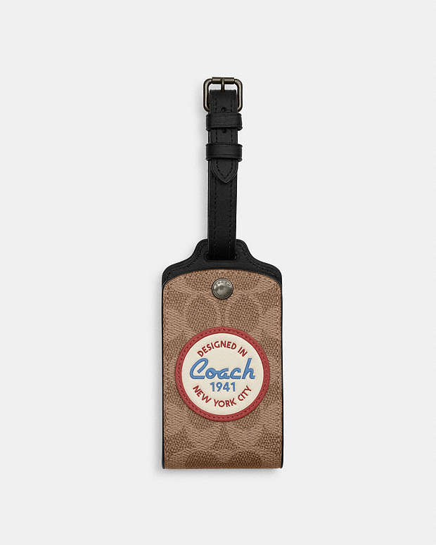 Luggage Tag In Signature Canvas With Patches Signature Canvas-Gunmetal-Tan Multi Signature Canvas-Gunmetal-Tan Multi
