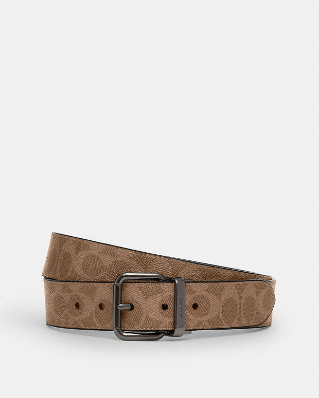 Roller Buckle Cut To Size Reversible Belt, 38 Mm Signature Canvas-Gunmetal-Tan Charcoal Signature Canvas-Gunmetal-Tan Charcoal