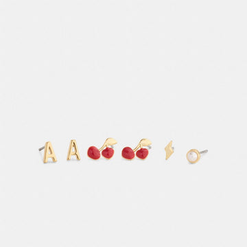 Coach A Initial Stud Earrings Set Gold Red