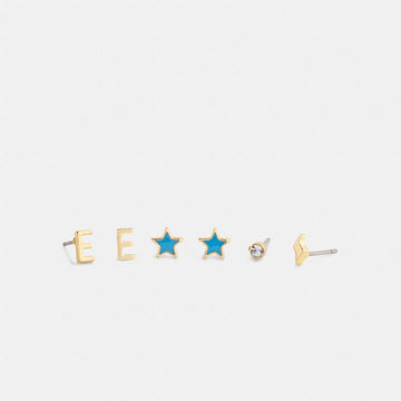 Coach E Initial Stud Earrings Set Gold Blue