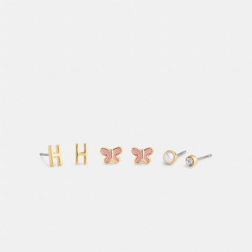 Coach H Initial Stud Earrings Set Gold Pink
