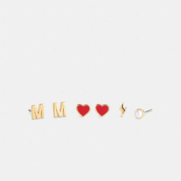 Coach M Initial Stud Earrings Set Gold Red