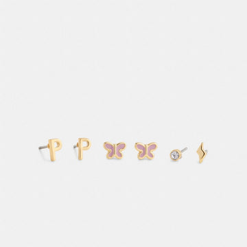 Coach P Initial Stud Earrings Set Gold Purple
