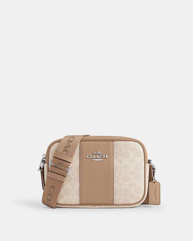Jamie Camera Bag In Signature Canvas With Stripe Signature Canvas-Silver-Sand-Taupe Signature Canvas-Silver-Sand-Taupe