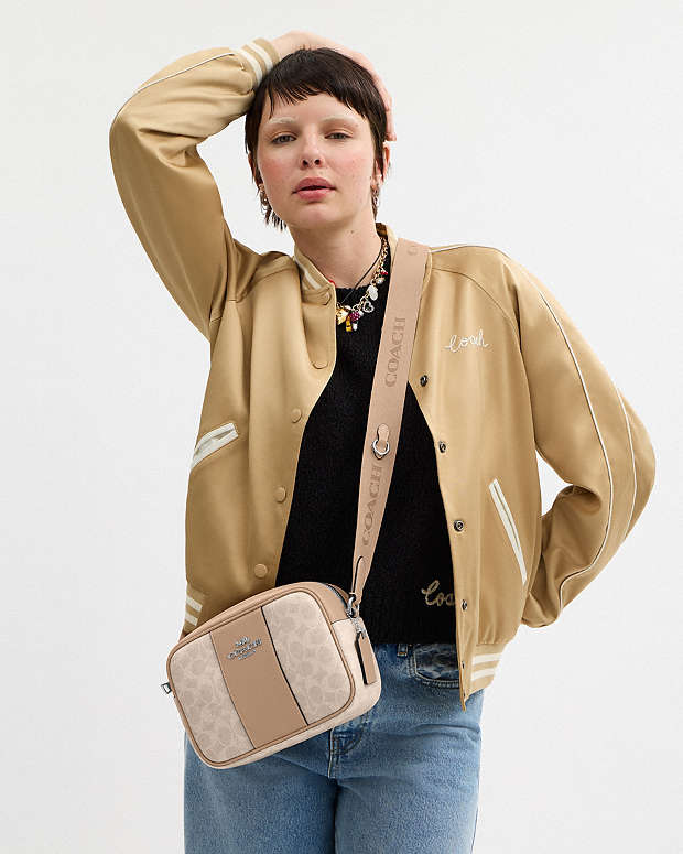 Jamie Camera Bag In Signature Canvas With Stripe Signature Canvas-Silver-Sand-Taupe Signature Canvas-Silver-Sand-Taupe