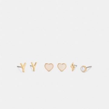 Coach Y Initial Stud Earrings Set Gold White