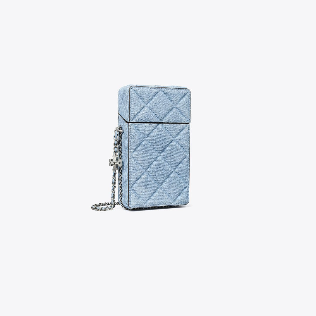 Tory Burch Fleming Denim-Print Suede Phone Crossbody Denim