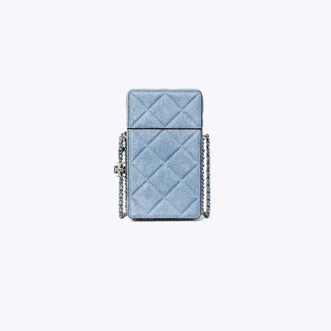 Tory Burch Fleming Denim-Print Suede Phone Crossbody Denim