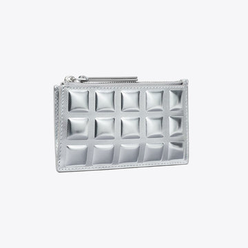 Tory Burch Fleming Metallic Square Quilt Zip Card Case Silver