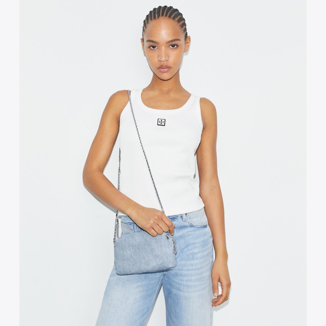 Tory Burch Fleming Soft Denim-Print Suede Crossbody Bag Denim