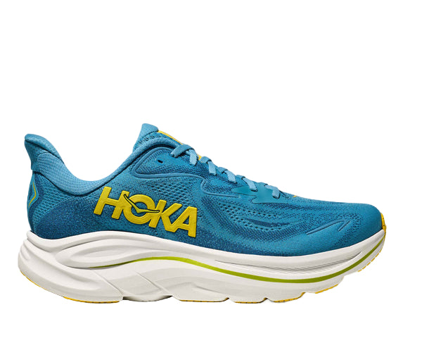 Blue running shoe with yellow 'Hoka' logo on a white background