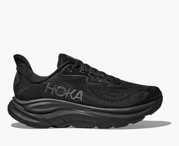 Black Hoka running shoe on a white background