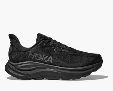 Black Hoka running shoe on a white background