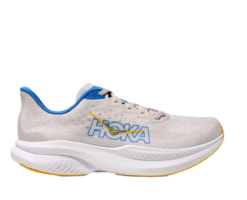 Hoka running shoe with blue and yellow accents on a white background
