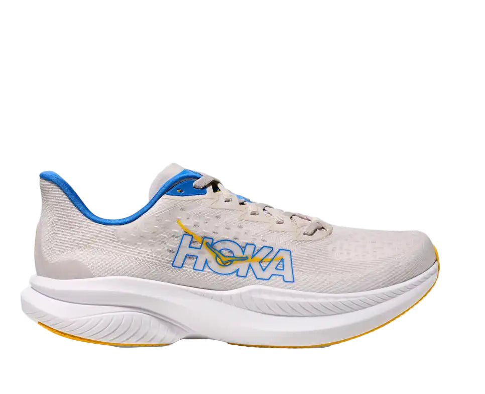 Hoka running shoe with blue and yellow accents on a white background