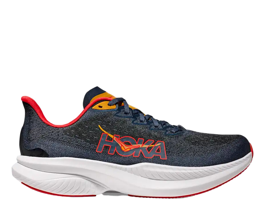 Blue running shoe with red and yellow accents on a white background