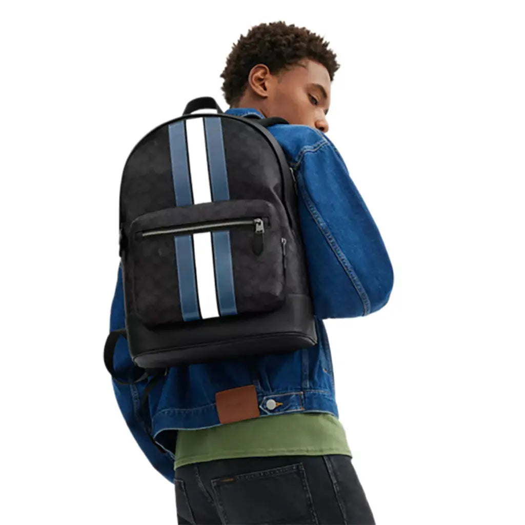 West Backpack In Signature Canvas With Varsity Stripe